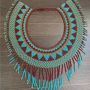 Handcrafted Turquoise and Burgundy Beaded Fringe Necklace - Women Jewelry